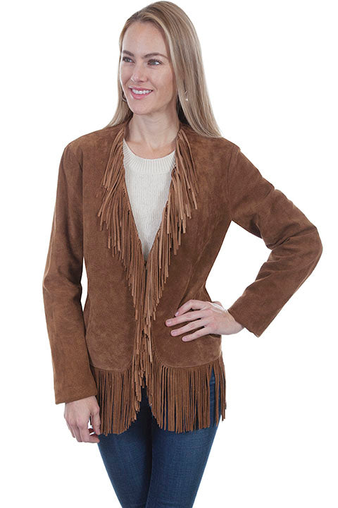 Deep V Neck Fringe Jacket Brown L1003